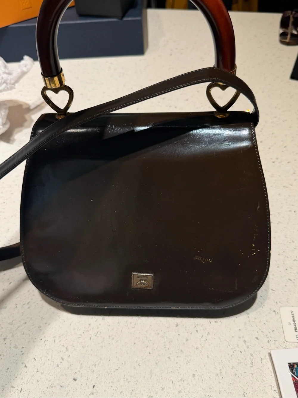 Moschino Brown Leather Top-Handle Bag with Wood Accent PROJECT
